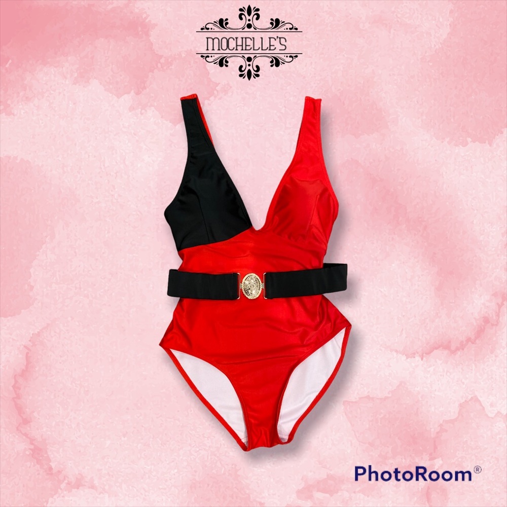 Red Swim Suit with belt - Picture 1 of 3